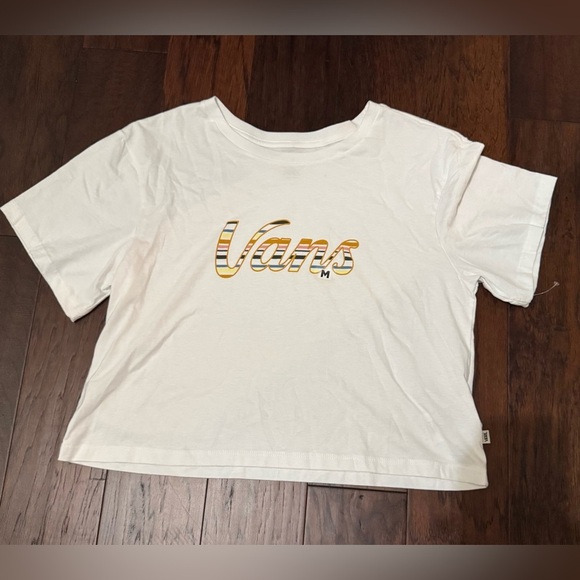 VANS Scripts Striped Cropped T-Shirt White Size Medium 100% Cotton NWOT - Picture 1 of 8